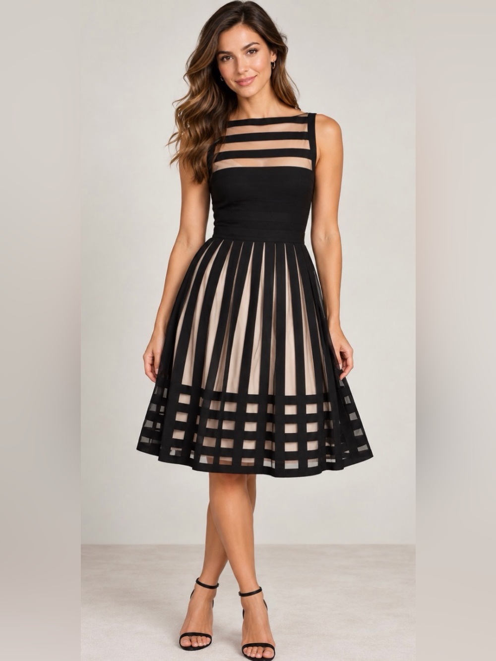 Cynthia Steffe Black Crisscross Mesh Sleeveless Below The Knee Dress Sz 2